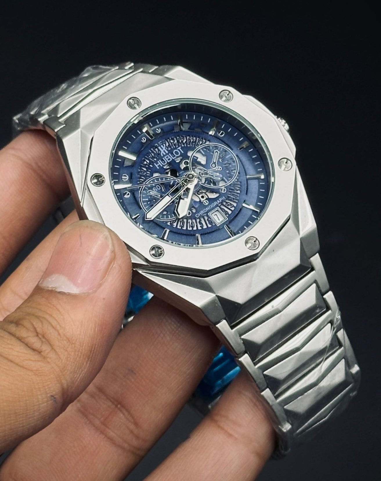 HUBLOT DIAMOND CUT SKELETON-BLUE